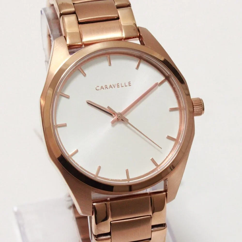 Caravelle Ladies Minimalist Watch By Bulova Rose Gold White Sun-ray Dial 36mm